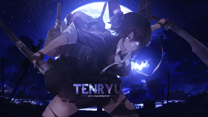Tenryuu from Kancolle with swords under the moon