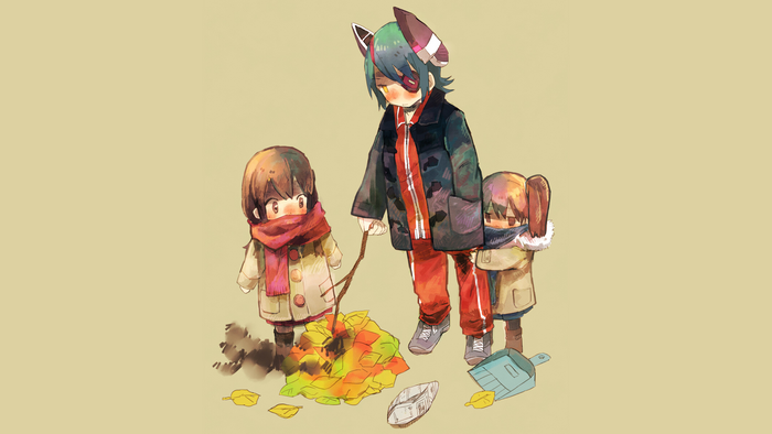 Three children playing with leaves