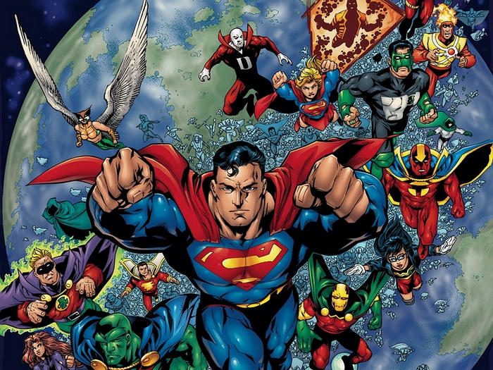 Justice League of America characters flying in front of Earth