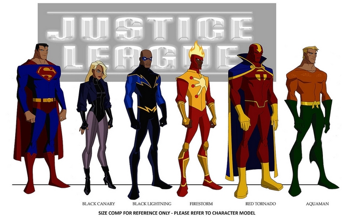 Justice League characters: Superman, Black Canary, Black Lightning, Firestorm, Red Tornado, Aquaman
