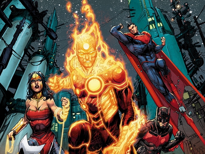 Justice League characters in a futuristic city