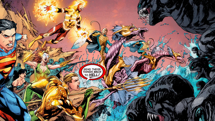Superman and Firestorm fight monsters with Aquaman and Mera
