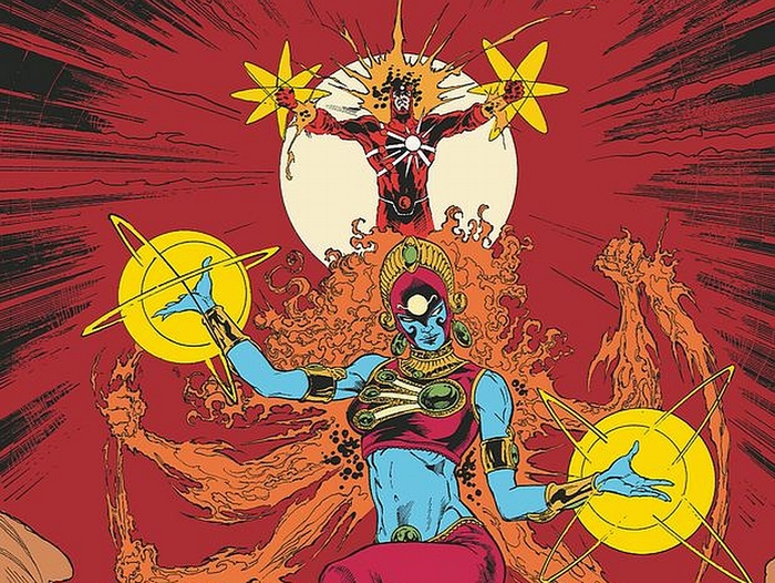 Firestorm and a blue-skinned deity with celestial orbs