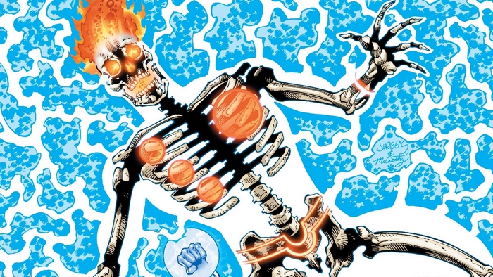 Firestorm skeleton with orange orbs and blue background