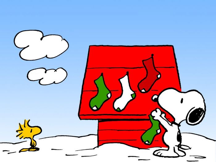 Snoopy and Woodstock with Christmas stockings