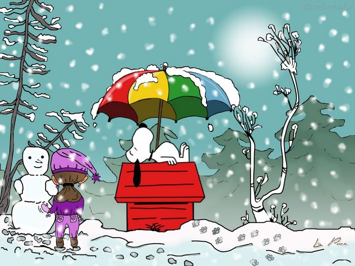 Snoopy and a girl in a snowy landscape