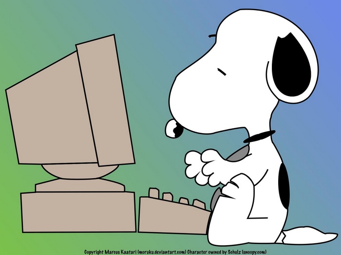Snoopy from Peanuts using a computer