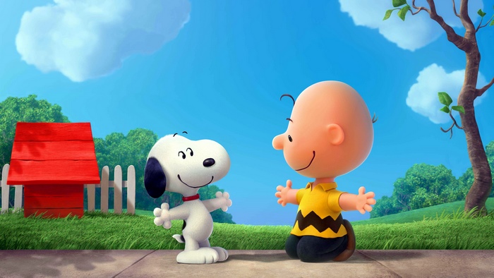 Snoopy and Charlie Brown in a backyard