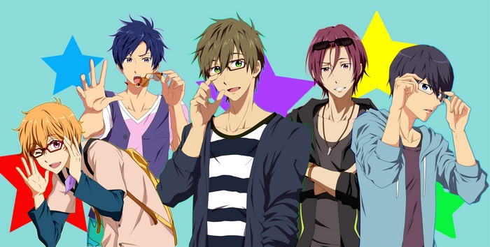 Five male anime characters with stars