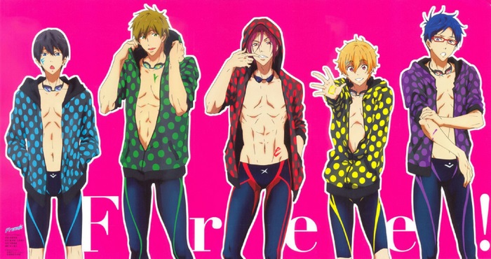 Five male anime characters from Free! in swim trunks and hoodies