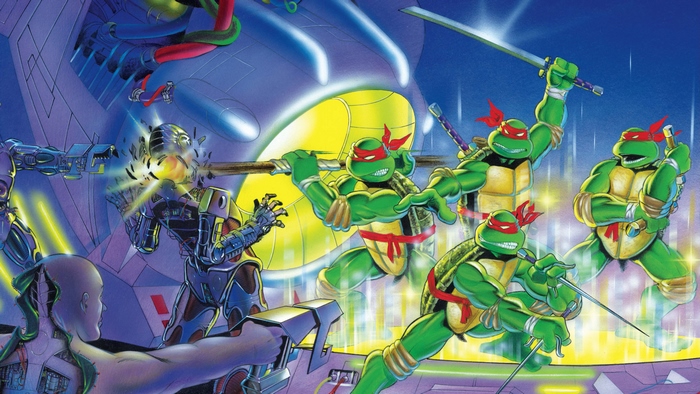 Teenage Mutant Ninja Turtles fighting robots