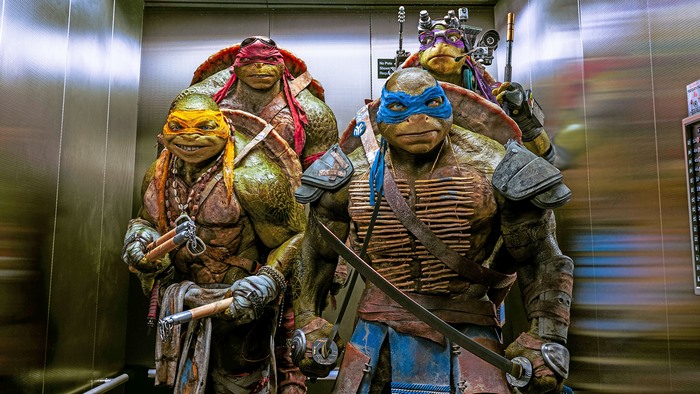 Teenage Mutant Ninja Turtles in an elevator