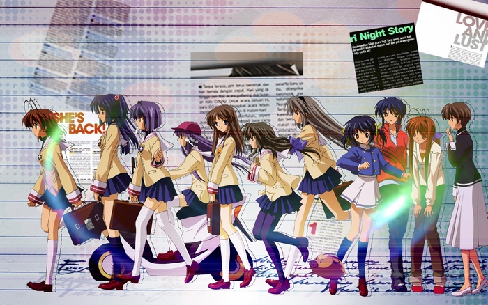 Anime girls walking with newspapers and a scooter