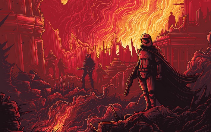 Captain Phasma and Stormtroopers in a burning city