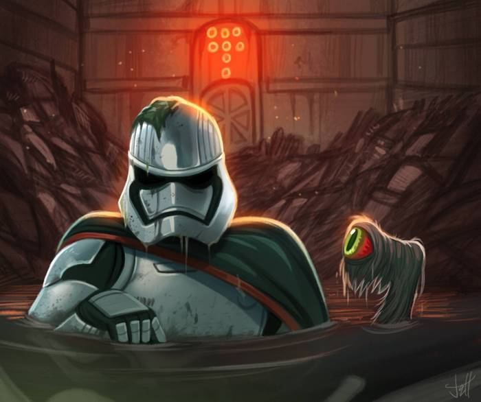 Captain Phasma in murky water with creature
