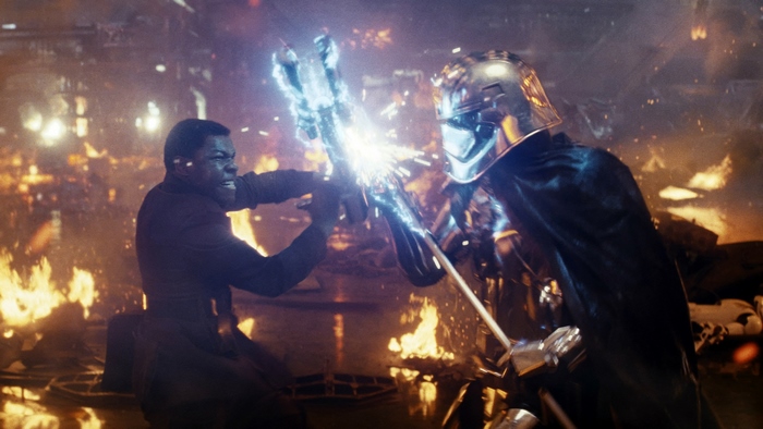 Finn and Captain Phasma from Star Wars fighting