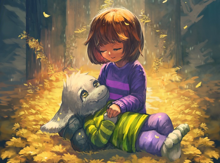 Frisk and Asriel from Undertale in a forest