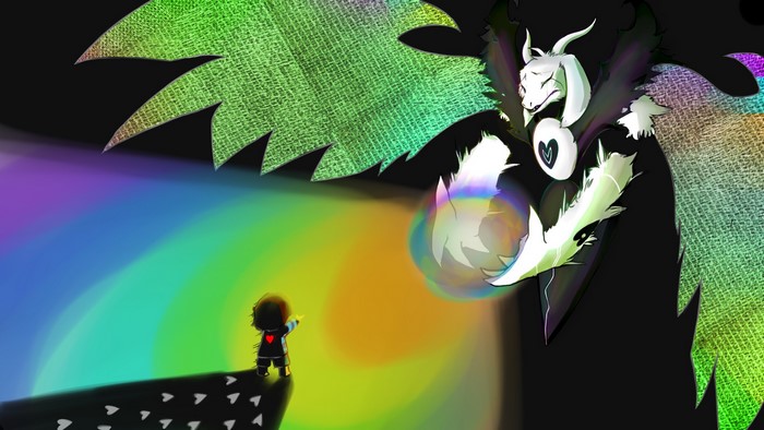Asriel from Undertale facing a child