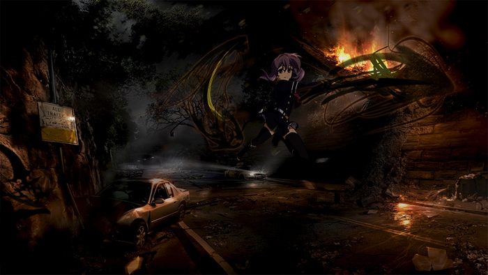 Shinoa Hīragi in a dark, fiery scene