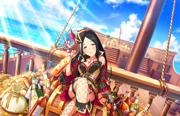 Pirate girl with bottles on a ship