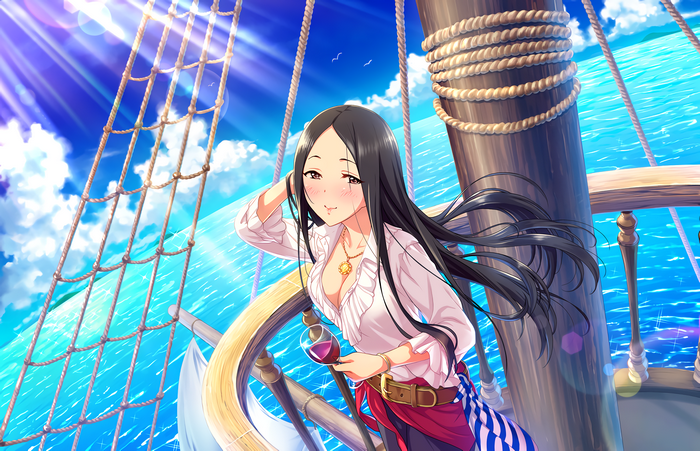 Pirate girl with long black hair holding wine glass on a ship