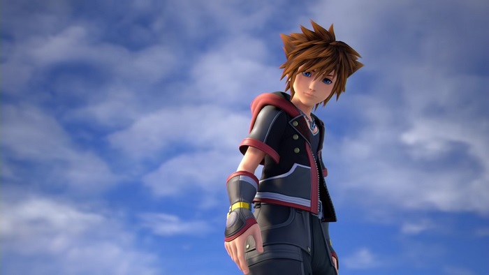 Sora from Kingdom Hearts against a cloudy sky