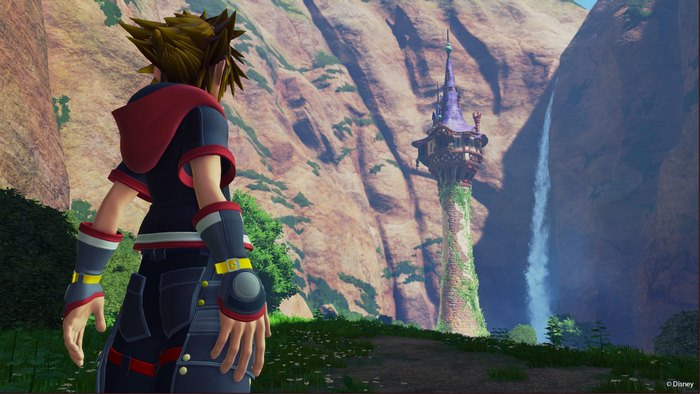 Sora from Kingdom Hearts in a mountainous landscape