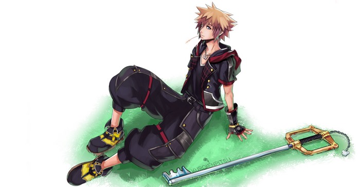 Sora from Kingdom Hearts sitting on grass with Keyblade