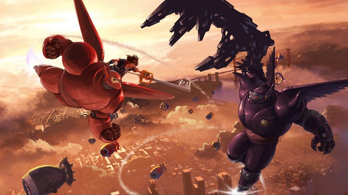 Sora from Kingdom Hearts fighting a dark robot