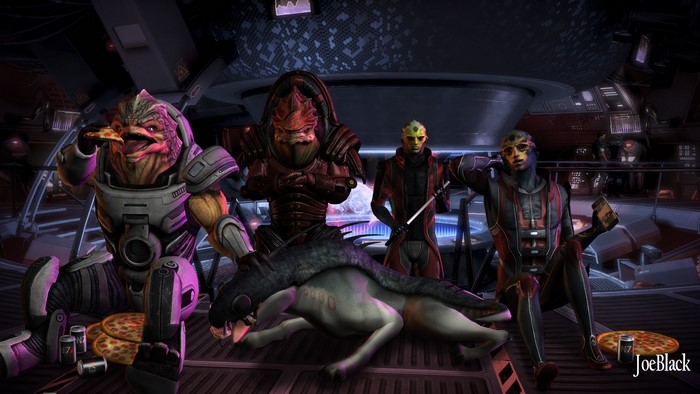 Thane Krios and other aliens eating pizza