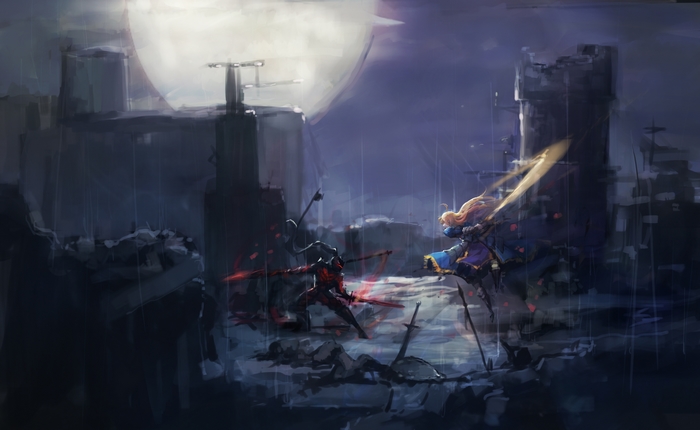 Berserker from Fate/Zero fighting in a ruined city
