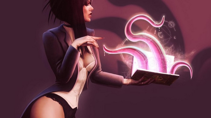 Zatanna holding a magical book with tentacles
