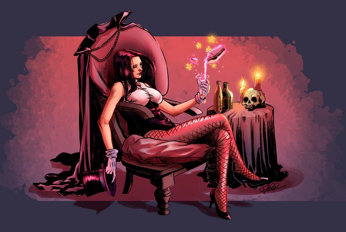 Zatanna sitting in a chair pouring a drink
