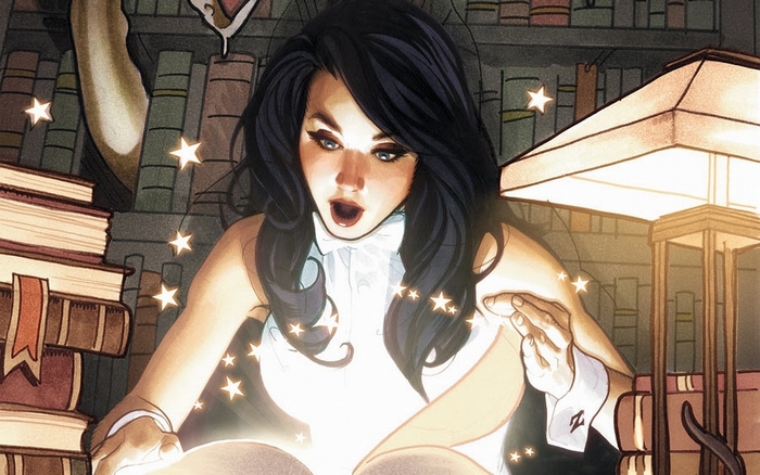 Zatanna reading a magical book in a library