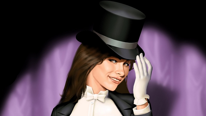 Zatanna Zatara in a top hat and tuxedo