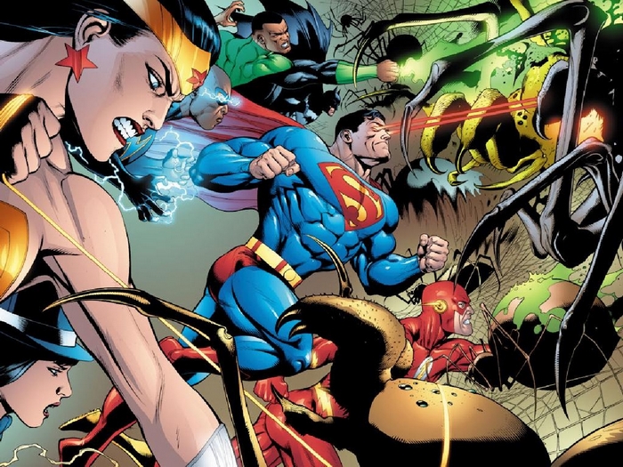 Justice League fighting giant spiders
