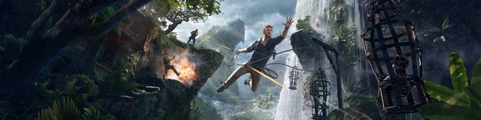 Nathan Drake in a jungle with waterfalls and cages
