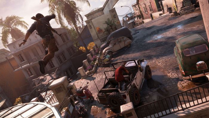 Nathan Drake jumping in a street with vehicles