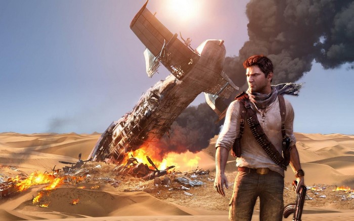 Nathan Drake from Uncharted in a desert with a plane crash