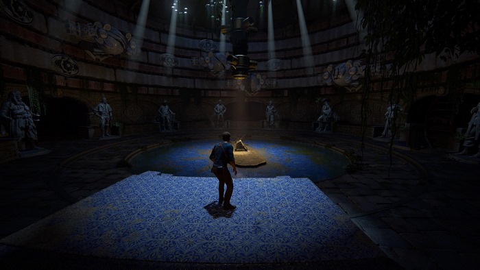 Nathan Drake in a circular chamber with statues