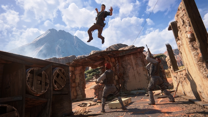 Nathan Drake jumping in Uncharted