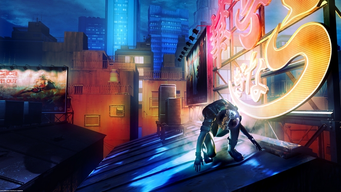 Motoko Kusanagi on a rooftop