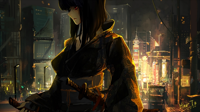Motoko Kusanagi in a cyberpunk city