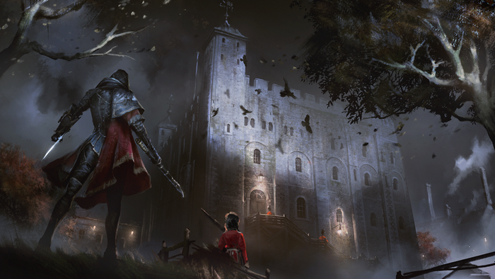 Evie Frye in front of the Tower of London at night