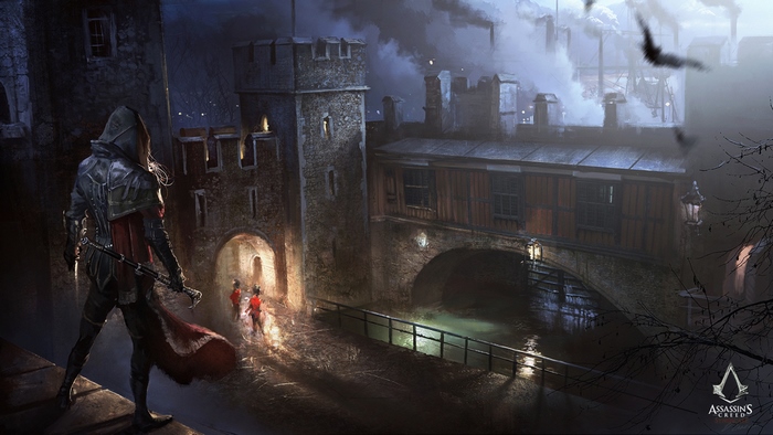 Evie Frye from Assassin's Creed overlooking a canal bridge