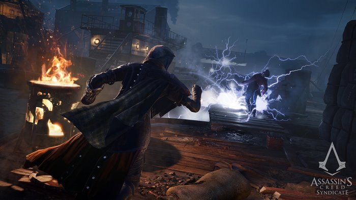 Evie Frye fighting with lightning in Assassin's Creed Syndicate