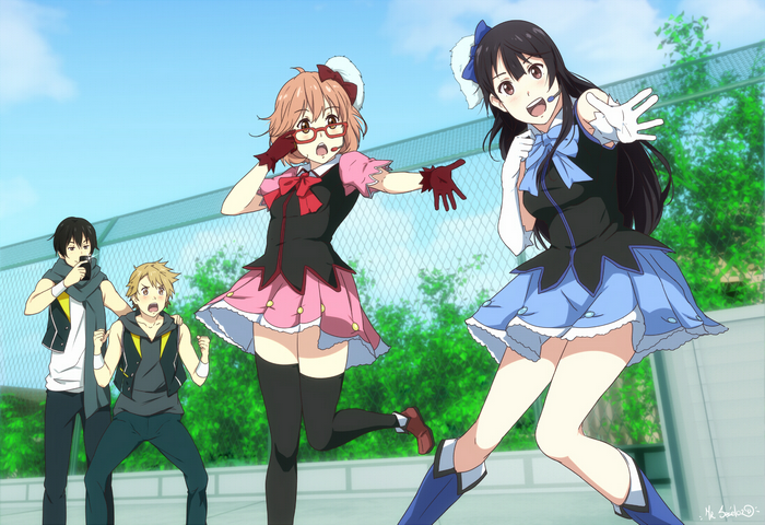 Four characters in anime style, two girls in costumes