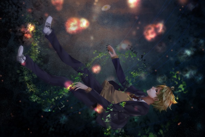 Akihito Kanbara falling in a dark, starry environment