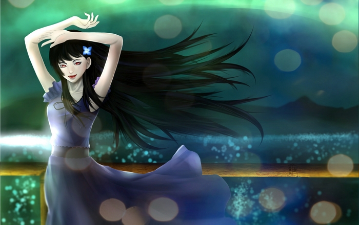 Girl with black hair and red eyes