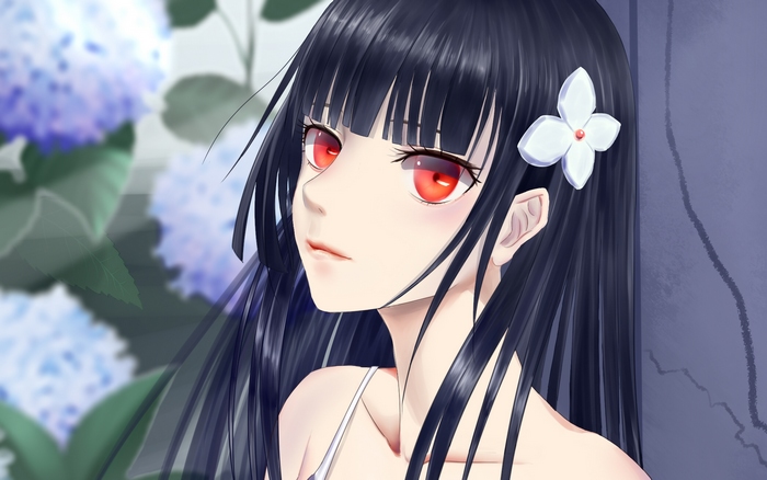 Girl with red eyes and white flower in hair